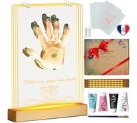 Premier trésor - Kit empreinte de famille avec Base Bois LED - 4 plaques Acryliques - 4 empreintes mains Parents Enfants et pieds bébé - Souvenir lumineux à créer ensemble - cadeau naissance original
