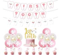 Première dent Décorations filles, rose première dent Bannière Glitter gâteau Topper Cupcake Toppers Ballons en latex Dent Party Décorations pour filles 1ère dent Baby Shower