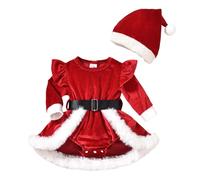 Première Tenue de Noël pour Bébé Fille - Combinaison en Velours Santa Claus avec Chapeau - Ensemble 2 Pièces 0-18 Mois - Idée Cadeau pour Fête et Photo de Nouveau-Né