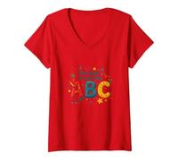 Premiers Pas dans l'apprentissage ABC T-Shirt avec Col en V, Femme, Rouge, XL