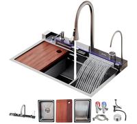 Premium Black Stainless Steel Kitchen Sink with Temperature Display - Grande capacité Waterfall Workstation Sink Topmount Single Bowl Bar Sink with Multifunctional Pull-out Faucet & Accessoires