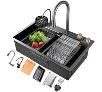 Premium Black Stainless Steel Single Bowl Kitchen Sink Workstation with Sliding Pull-Down Faucet Glass R Basket & Accessories - Size 68x45x2 Ideal for Modern Kitchens.