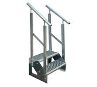 Premium Caillebotis acier Escalier à limon 2 Marches Autoportant Entièrement galvanisé avec garde-corps des deux côtés - Dimensions (L x l x H) 44cm x 140cm x 38cm