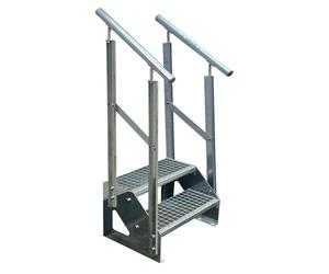 Premium Caillebotis acier Escalier à limon 2 Marches Autoportant Entièrement galvanisé avec garde-corps des deux côtés - Dimensions (L x l x H) 44cm x 120cm x 38cm