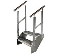 Premium Caillebotis acier Escalier à limon 2 Marches Entièrement galvanisé avec garde-corps des deux côtés - Dimensions (L x l x H) 44cm x 80cm x 38cm