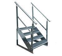 Premium Caillebotis acier Escalier à limon 4 Marches Autoportant Entièrement galvanisé avec garde-corps des deux côtés - Dimensions (L x l x H) 82cm x 100cm x 76cm