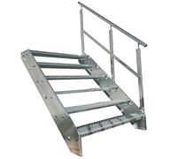 Premium Caillebotis acier Escalier à limon 6 Marches Entièrement galvanisé avec garde-corps à droite - Dimensions (L x l x H) 120cm x 140cm x 114cm