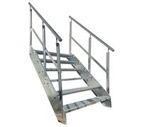 Premium Caillebotis acier Escalier à limon 6 Marches Entièrement galvanisé avec garde-corps des deux côtés - Dimensions (L x l x H) 120cm x 100cm x 114cm