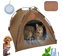 Premium Cat Cooling Tent with Rattan Mat and Dog Sun Tent, Foldable Cat Cooling Station for Indoor and Outdoor, Breathable Cats Camping Tents for Dogs & Cats (Coffee, 58 x 58 x 50 cm)