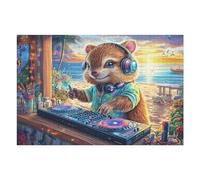 Premium Hamster DJ Casque Audio Champ de Fleurs Vie décontractée Puzzle 1000 Pièces pour Adultes Stimulant Amusant Et Captivant Idéal pour Passe Temps Et Hobby （75x50cm）