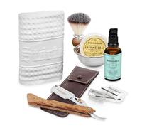 Premium Kit de rasage homme - y compris rasoir barbier, étui, blaireau, un savon, bol, huile de rasage et serviette - un set parfait pour la routine quotidienne du rasage - idée cadeau