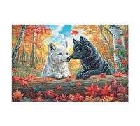Premium Paire de Loups Blanc et Noir Forêt d'automne Faune Sauvage Puzzle 1000 Pièces pour Adultes Stimulant Amusant Et Captivant Idéal pour Passe Temps Quotidien （75x50cm）
