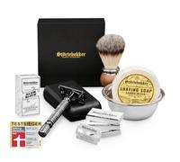 Premium set de rasoir de sûreté dans son étui cuir fait main - y compris blaireau, bol à raser, savon à raser, pierre d'alun et lames de rasoir - set de rasage humide de haute qualité