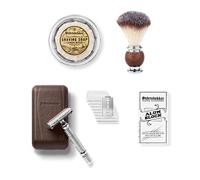 Premium set de rasoir de sûreté dans son étui cuir fait main - y compris blaireau, bol à raser, savon à raser, pierre d'alun et lames de rasoir - set de rasage humide de haute qualité