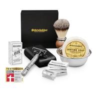 Premium set de rasoir de sûreté dans son étui cuir fait main - y compris blaireau, bol à raser, savon à raser, pierre d'alun et lames de rasoir - set de rasage humide de haute qualité