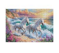 Premium Vague de mer Paire de Chevaux Blancs Faune Sauvage Nature Sauvage Côte Puzzle 300 Pièces pour Adultes Stimulant Amusant Et Captivant Idéal pour Hobby Et Famille 300 PCS（40x28cm）