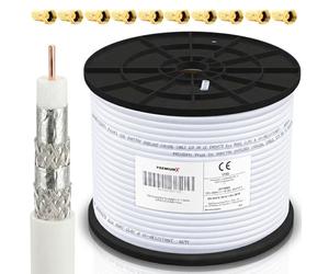 Premium X professionnel câbles coaxiaux 100m - Câble satellite blanc | Cuivre pur | Câble d'antenne blindé à 4 voies | Inclut 10 connecteurs F - Supporte 8K, 4K et 3D pour Sat, Câble, DVB-T