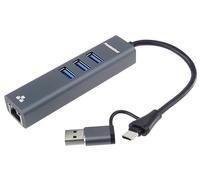 PREMIUMCORD Adaptateur USB 2in1 vers Gigabit RJ45 + 3X USB A, Ethernet RJ45 10/100/1000Mbps, SuperSpeed 3.2 Gen1 5 Gbit/s, pour PC, Claviers, Souris, SSD, Boîtier Métallique, 15 cm