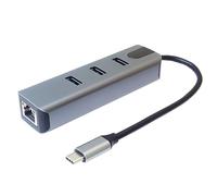 PREMIUMCORD Adaptateur USB-C vers Gigabit RJ45 + 3x USB-A, Ethernet RJ45 10/100/1000Mbps, SuperSpeed 3.2 Gen1 5 Gbit/s, Pour PC, Ordinateurs Portables, Claviers, Souris, SSD, Boîtier Métallique, 15 cm