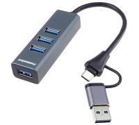 PREMIUMCORD SuperSpeed Hub USB 2in1 vers 4X USB-A, SuperSpeed 3.2 Gen1 5 Gbit/s, Connecteur Type-C, Charge 5 V, pour PC, Ordinateurs Portables, Claviers, Souris, SSD, Boîtier Métallique, 15 cm