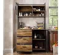 PREMTURE Armoire de cuisine haute buffet de cuisine avec 3 tiroirs et 2 portes, style industriel, étagère ouverte, étagère pour micro-ondes, 100 x 40 x 175 cm