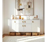 PREMTURE Buffet 160 cm façade texturée Blanc laqué MDF 160 x 40 x 80 cm, Meuble Salon 4 Portes et 6 Compartiments Grand Rangement Salon Salle à Manger entrée