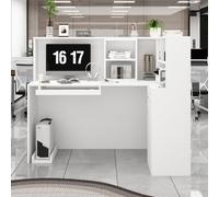 PREMTURE Bureau d'accueil Blanc L-Form 142cm - Comptoir d'angle avec tiroir Clavier, Support UC, tiroir verrouillable et 5 Compartiments - Banque d'accueil pour Bureau, Salon, 140×80×120cm