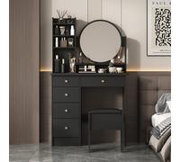 PREMTURE Coiffeuse avec Tabouret et Grand Miroir Rond 80 x 40 x 135 cm en MDF, Table Maquillage d'angle Noire avec 5 tiroirs pour Chambre à Coucher