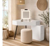 PREMTURE Coiffeuse d'angle avec miroir pliable éclairé, tabouret et USB, table cosmétique réglable avec espace de rangement, fermeture douce, 3 couleurs de lumière, montage des deux côtés, blanc