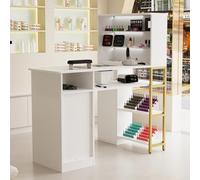 PREMTURE Table de manucure avec espace de rangement et aspirateur, table à ongles avec 3 tiroirs, armoire et éclairage LED, table cosmétique pour salon de manucure, blanche, avec étagères en verre et