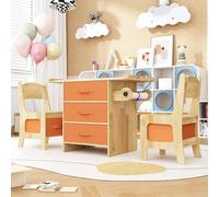 PREMTURE Table pour enfant avec 2 chaises, bois de pin, table et chaises avec tiroirs en tissu orange, dimensions du produit : table : 70 x 54 x 40 cm, chaise : 29,5 x 30,5 x 54 cm