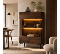 PREMTURE Vitrine en Bois Noyer 80cm avec Éclairage LED - Armoire Push-to-Open, Porte en Verre & 3 Étagères, 115cm de Haut - Buffet pour Salon & Salle à Manger, 80×115×38cm