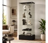 PREMTURE Vitrine en Verre avec Tiroir Inférieur, Armoire Vitrine 4 Niveaux avec Étagères en Verre et Cadre Noir, 69,9 x 35,3 x 179,8 cm, pour Objets de Collection, Figurines et Décoration