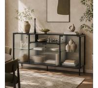 PREMTURE Vitrine Noire 150cm avec Éclairage LED - Buffet 4 Portes, Verre Cannelé, Étagères en Verre & Niche Centrale Ouverte, 80cm de Haut - Armoire pour Salon & Salle à Manger, 150×80×40cm