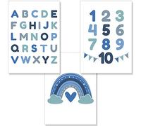 PREMYO 3 Affiche Décoration Murale - Décoration Chambre Bébé Garçon - Alphabet ABC Arc-en-ciel Bleu Papier Épais A4