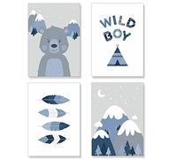 PREMYO 4 Affiche Décoration Murale - Décoration Chambre Bébé Garçon - Tente Tipi Plumes Bleu Papier Épais Format A4