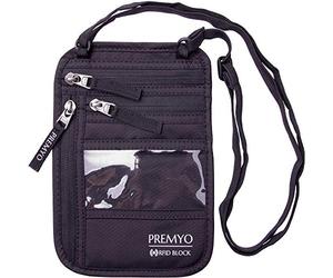 PREMYO Pochette Tour de Cou Antivol RFID Portefeuille de Voyage Sécurité Poche Secrète Passeport Argent Femme Homme Léger Fine Imperméable Noir