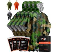 PREPARED4X Poncho d'urgence avec Doublure en Mylar, Poncho de Pluie très résistant, imperméable, Coupe-Vent pour extérieur, Camping et Kits d'urgence, Poncho Thermique, Lot de 4, (Vert Camouflage)