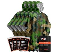 PREPARED4X Poncho d'urgence avec doublure en Mylar, poncho de pluie très résistant, imperméable, coupe-vent pour extérieur, camping et kits d'urgence, poncho thermique, lot de 4, (Vert camouflage)