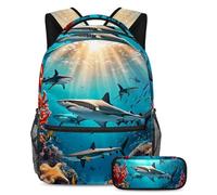 Préparez-vous à réussir avec cet ensemble de cartables, sac à dos et trousse à crayons, requin mignon, multicolore, B：29.4x20x40cm P：19x7.5x3.8cm, Sacs à dos de jour