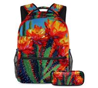 Préparez-vous à réussir avec notre ensemble de 2 cartables pour enfants, sac à dos de grande capacité et trousse à crayons pour garçons, filles, adolescents, fleurs de cactus rouges, multicolore,