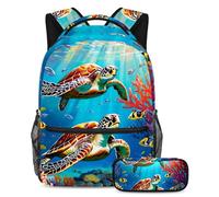 Préparez-vous à réussir avec notre ensemble sac à dos et trousse à crayons de qualité supérieure, adorable tortue de mer, multicolore, B：29.4x20x40cm P：19x7.5x3.8cm, Sacs à dos de jour
