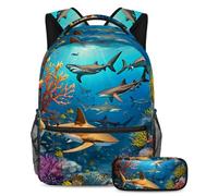 Préparez-vous pour l'école avec notre sac à dos et trousse à crayons tout-en-un pour garçons, filles, adolescents, requin mignon, multicolore, B：29.4x20x40cm P：19x7.5x3.8cm, Sacs à dos de jour