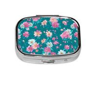 Preppy Boîte à pilules carrée en métal avec 2 compartiments pour vitamines et médicaments Motif fleurs roses pâquerettes pastel