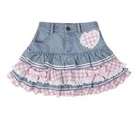 Preppy Lolita Kawaii Jupes Sweet Mini Women Cute Ball Dress Denim Jupe Y2K Taille Haute Dentelle Gâteau Jupes, bleu, Taille M