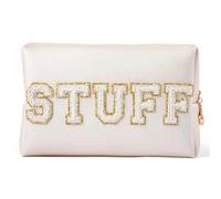 Preppy Patch Extra Large Varsity Chenille Letter Makeup Bag PU Leather Waterproof Portable Cosmetic Toiletry Organizer Gift Convient au Shopping, aux Voyages, aux Rencontres(Stuff)