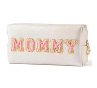 Preppy Patch Extra Large Varsity Chenille Letter Makeup Bag PU Leather Waterproof Portable Cosmetic Toiletry Organizer(Mommy)
