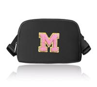 Preppy Sac banane avec initiales, sac banane tendance pour adolescentes, sac à bandoulière tendance pour adolescentes, joli sac banane avec sangle réglable, noir, M