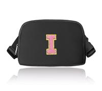 Preppy Sac banane avec initiales, sac banane tendance pour adolescentes, sac à bandoulière tendance pour adolescentes, joli sac banane avec sangle réglable, noir, I