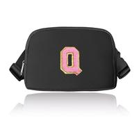 Preppy Sac banane avec initiales, sac banane tendance pour adolescentes, sac à bandoulière tendance pour adolescentes, joli sac banane avec sangle réglable, noir, Q :